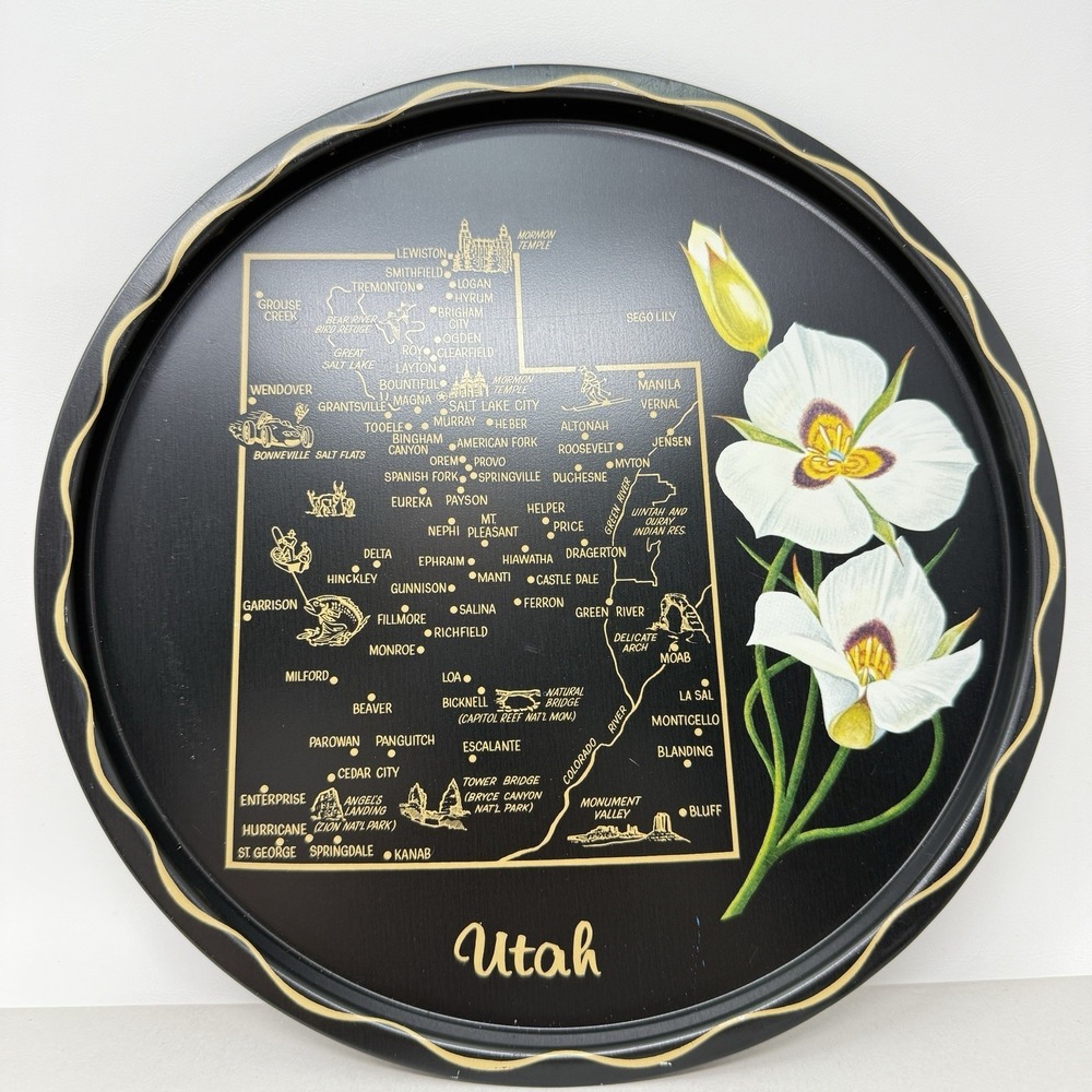Vintage Utah State Tray MCM Kitschy Barware Graphic Souvenir Decor Platter Black